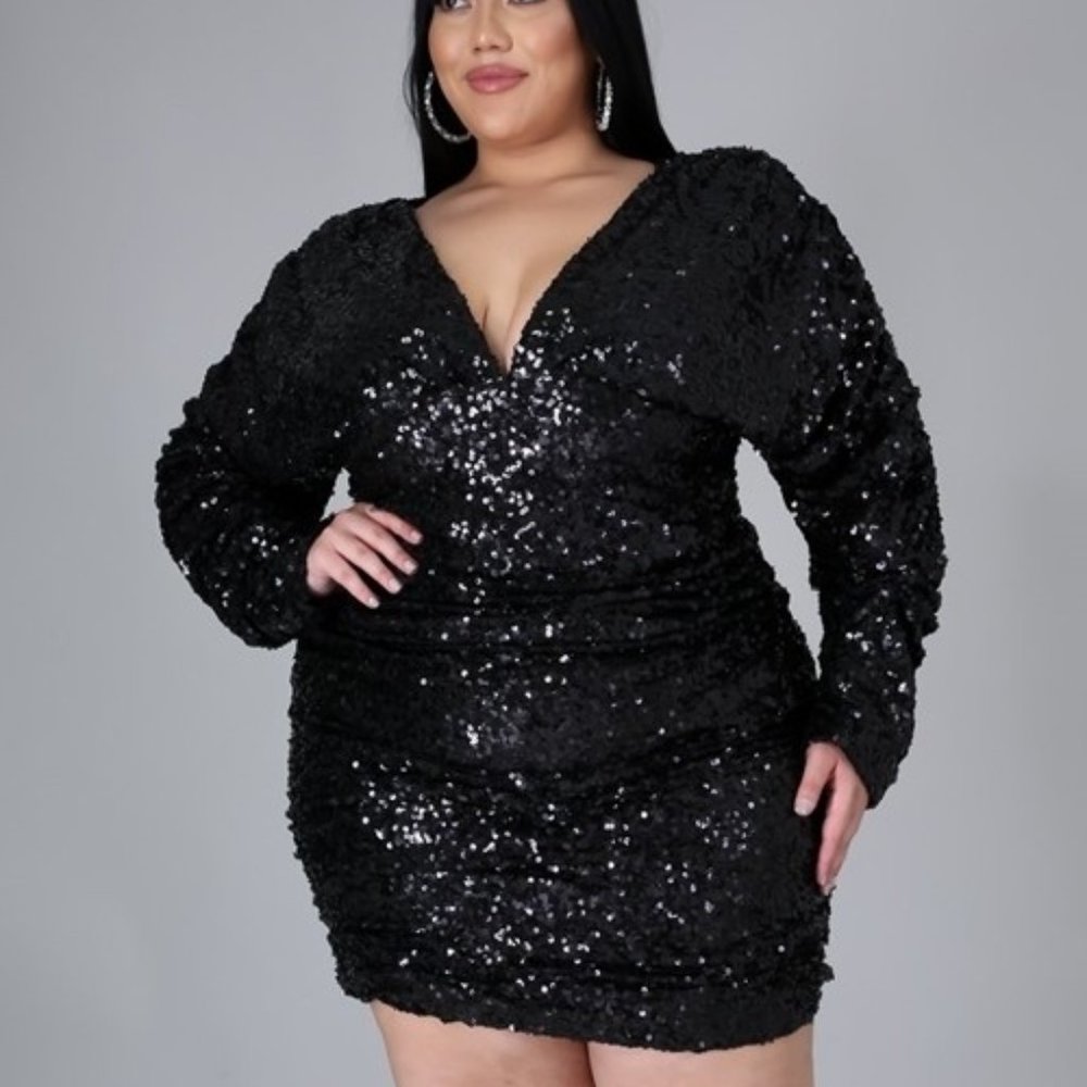 Plus Size Sparkly Sequin Fitted Cocktail Dress, 1X Black